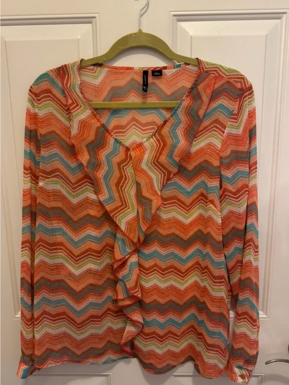New directions Multicolor Chevron Ruffle Front Long Sleeve Top